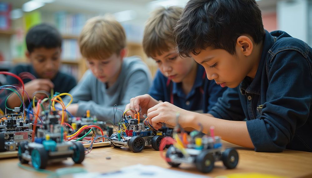 Kids working on small electric car kits